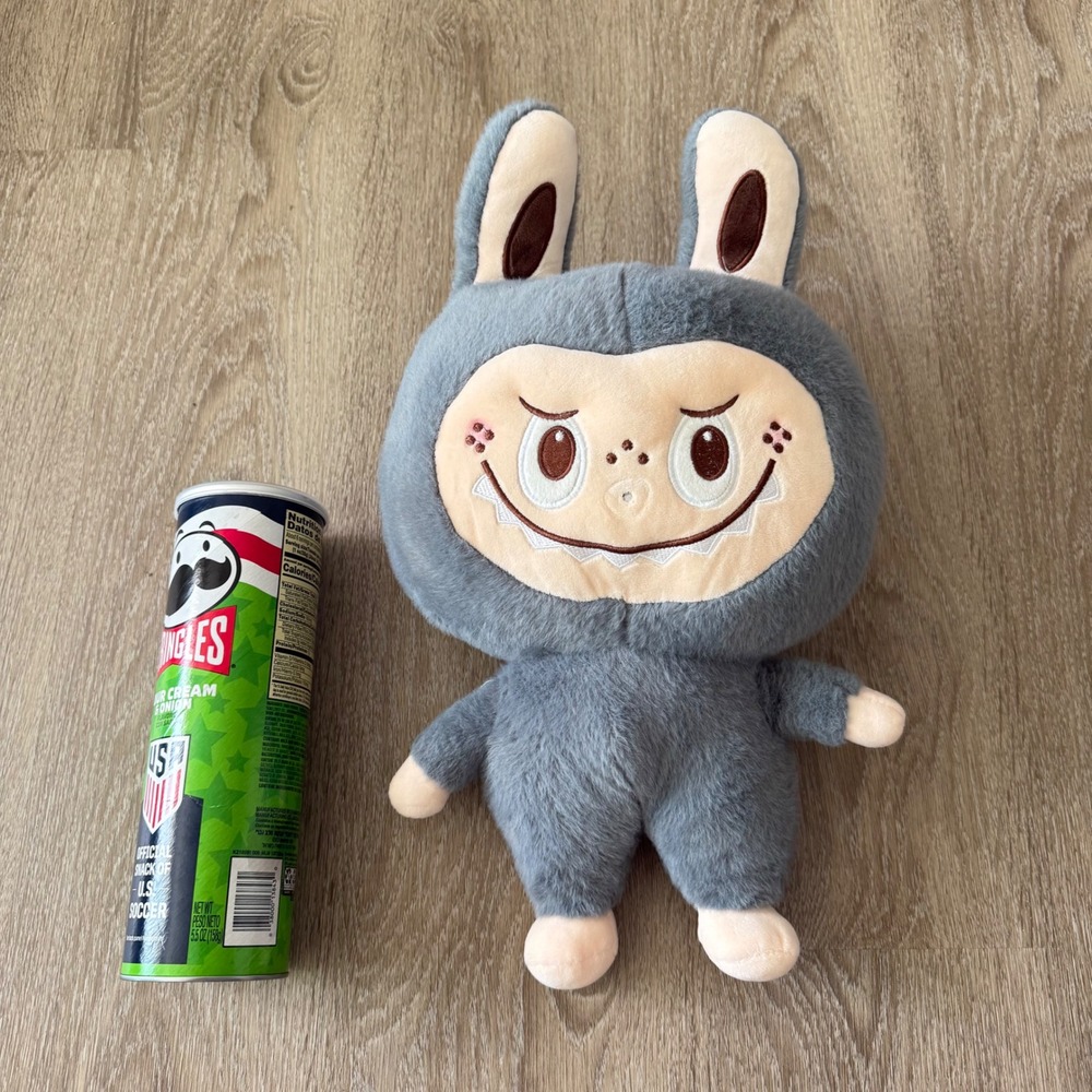 Labubu Monster JUMBO Gray Stuffed Plush Toy Embroidered Grin Faux Fur Kawaii 16"